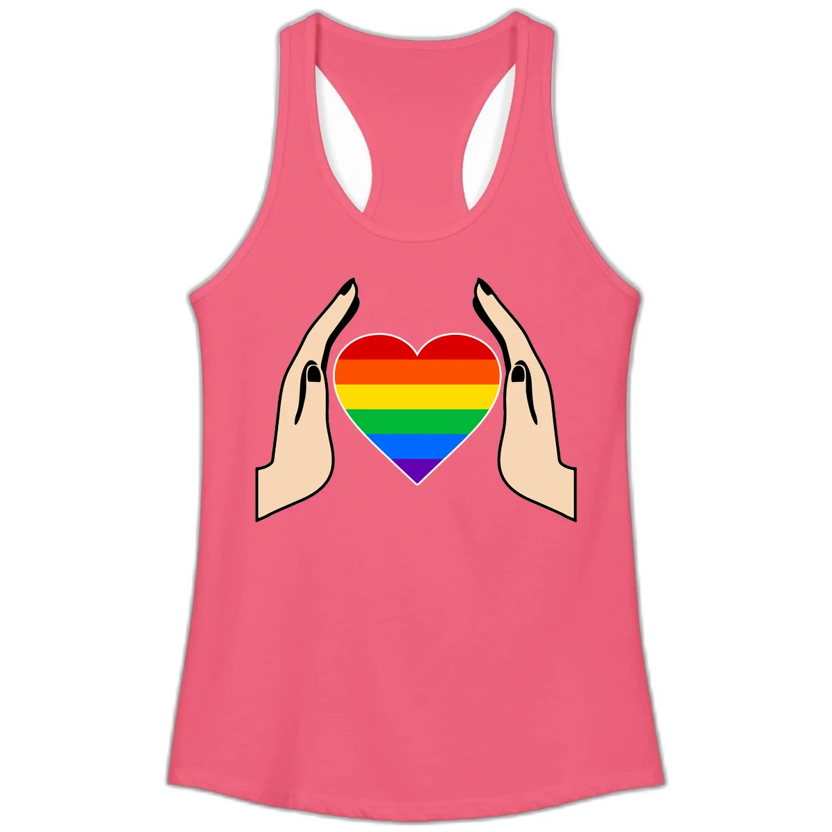 Two hands protectively frame a rainbow-striped heart symbol representing LGBTQ+ pride and community support in Hot Pink