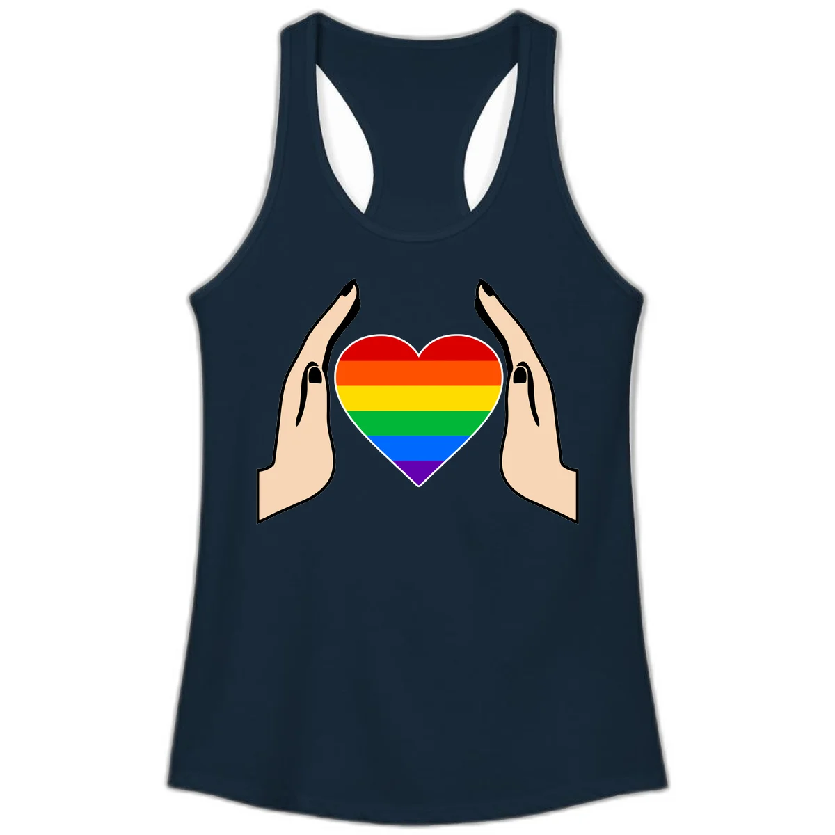 Two hands protectively frame a rainbow-striped heart symbol representing LGBTQ+ pride and community support in Solid Midnight Navy