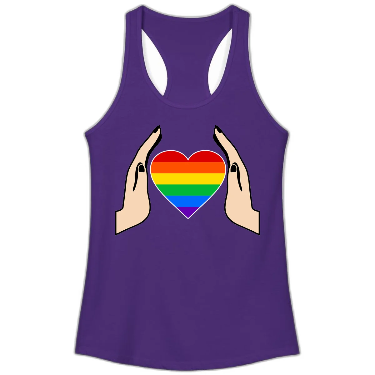 Two hands protectively frame a rainbow-striped heart symbol representing LGBTQ+ pride and community support in Solid Purple Rush