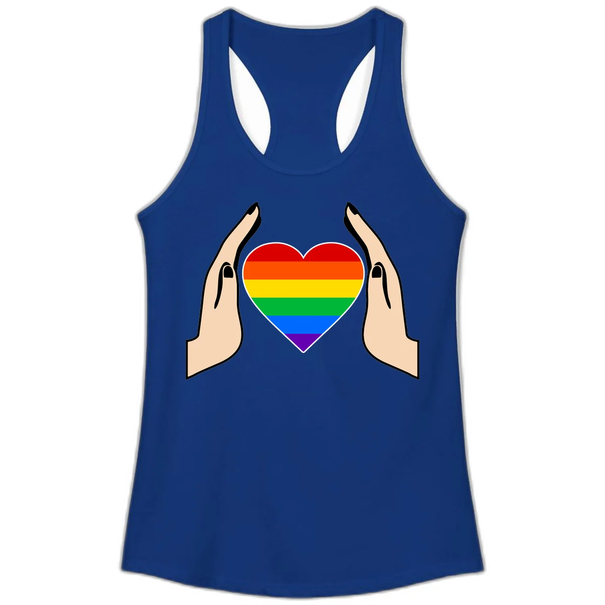 Two hands protectively frame a rainbow-striped heart symbol representing LGBTQ+ pride and community support in Solid Royal