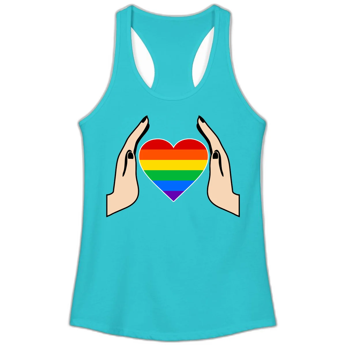 Two hands protectively frame a rainbow-striped heart symbol representing LGBTQ+ pride and community support in Solid Tahiti Blue