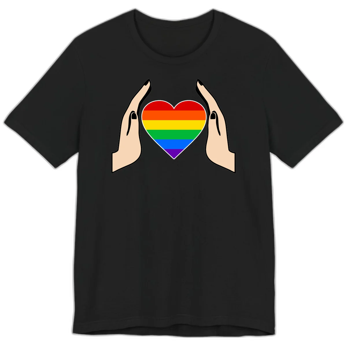 Two hands protectively frame a rainbow-striped heart symbol representing LGBTQ+ pride and community support in Black