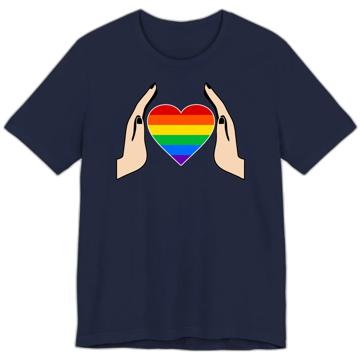 Two hands protectively frame a rainbow-striped heart symbol representing LGBTQ+ pride and community support in Navy
