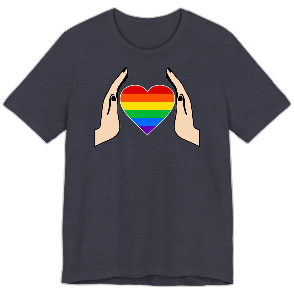 Two hands protectively frame a rainbow-striped heart symbol representing LGBTQ+ pride and community support in Heather Midnight Navy