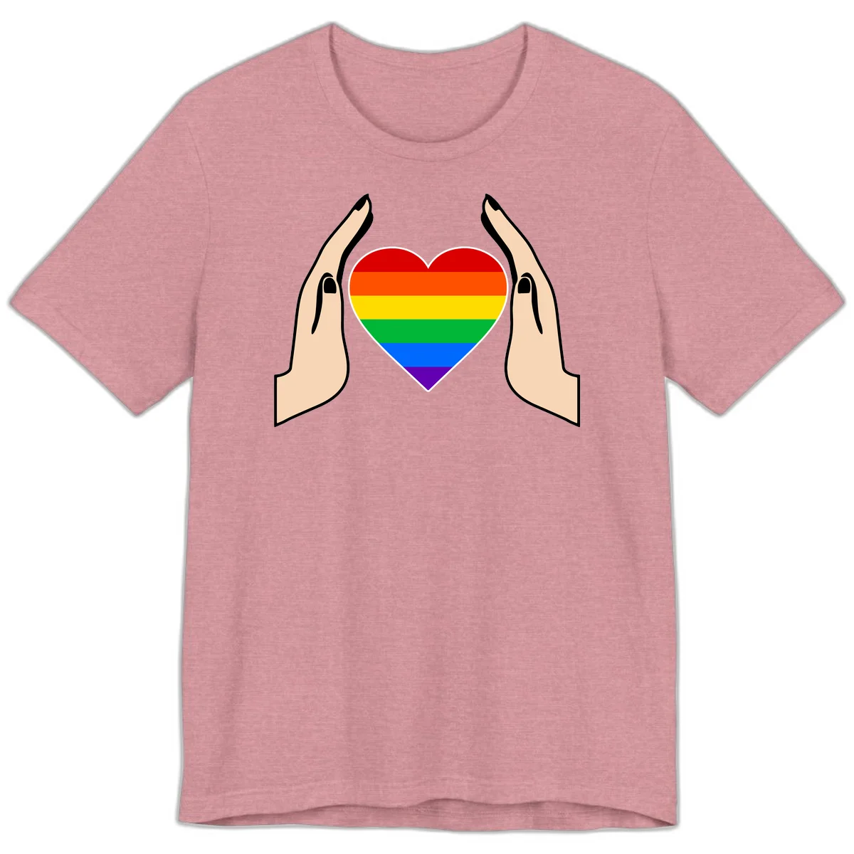 Two hands protectively frame a rainbow-striped heart symbol representing LGBTQ+ pride and community support in Heather Orchid