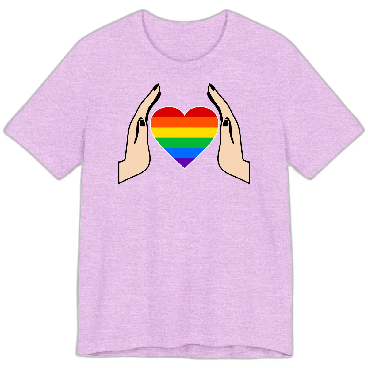 Two hands protectively frame a rainbow-striped heart symbol representing LGBTQ+ pride and community support in Heather Prism Lilac