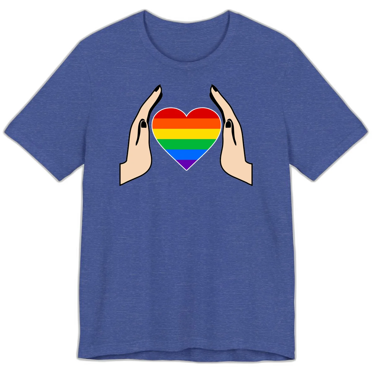 Two hands protectively frame a rainbow-striped heart symbol representing LGBTQ+ pride and community support in Heather True Royal