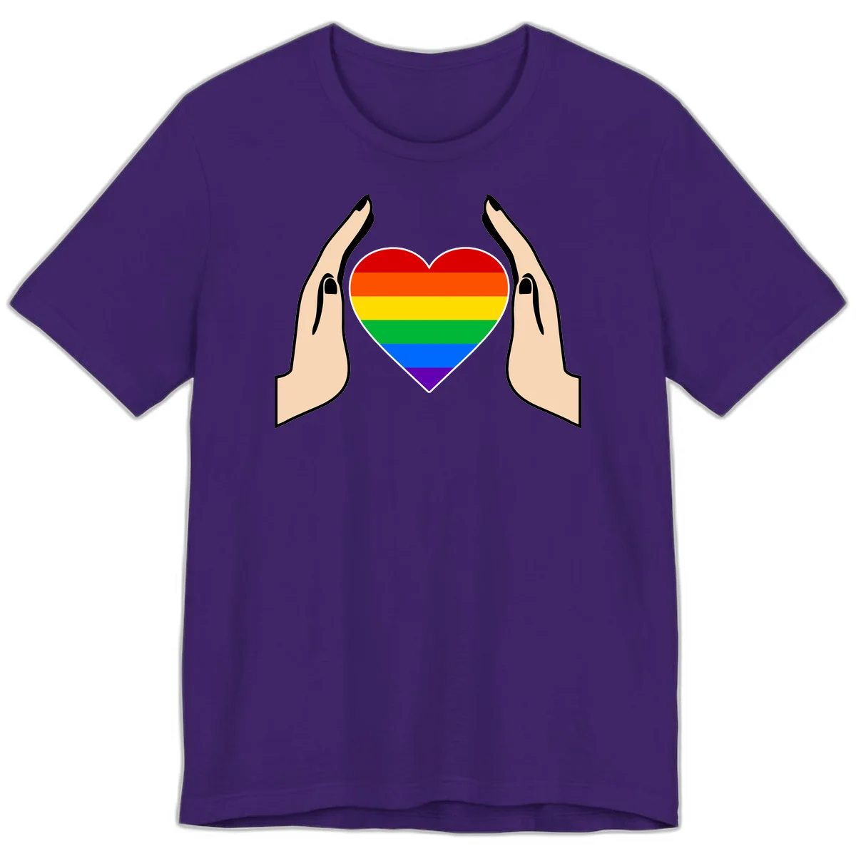 Two hands protectively frame a rainbow-striped heart symbol representing LGBTQ+ pride and community support in Team Purple