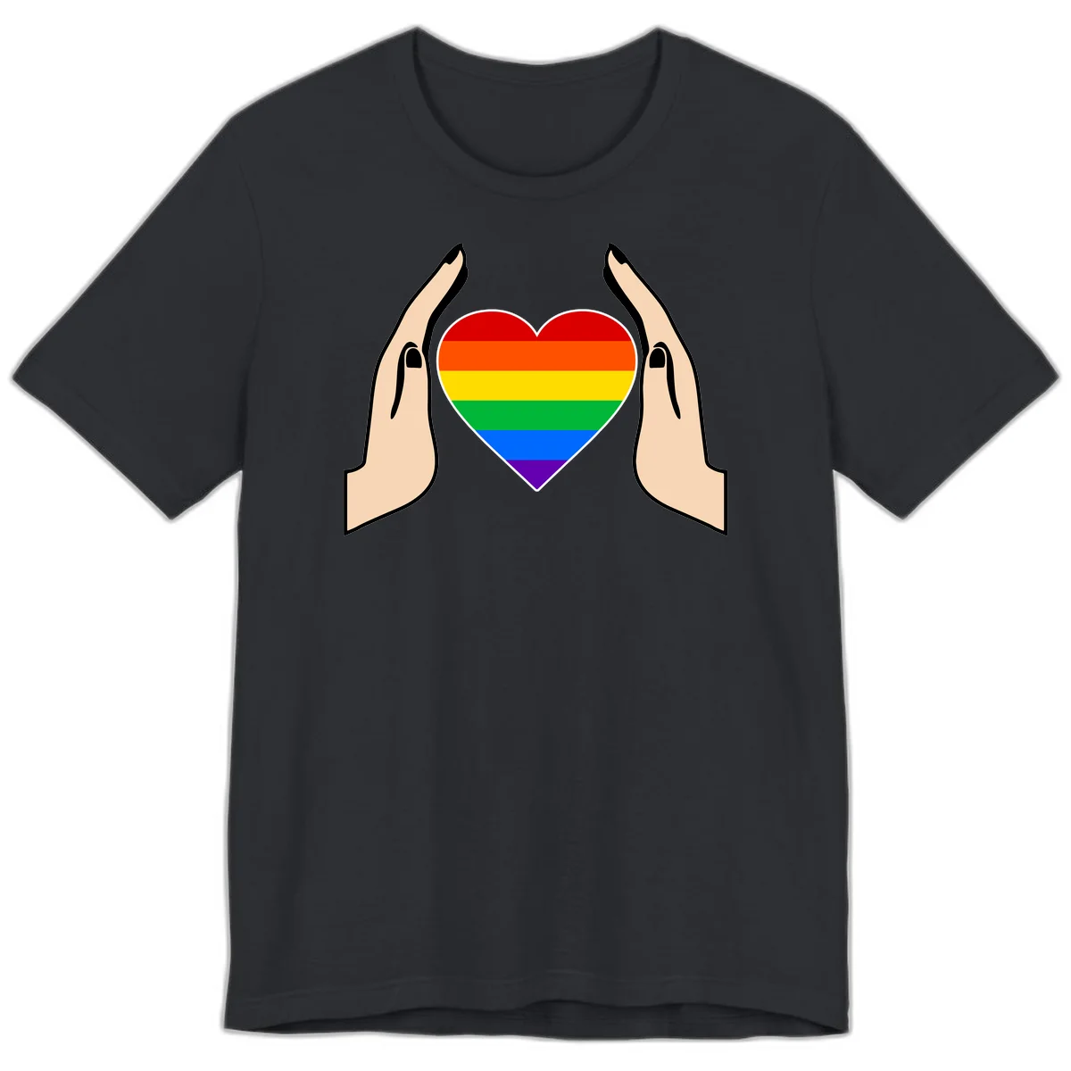 Two hands protectively frame a rainbow-striped heart symbol representing LGBTQ+ pride and community support in Vintage Black
