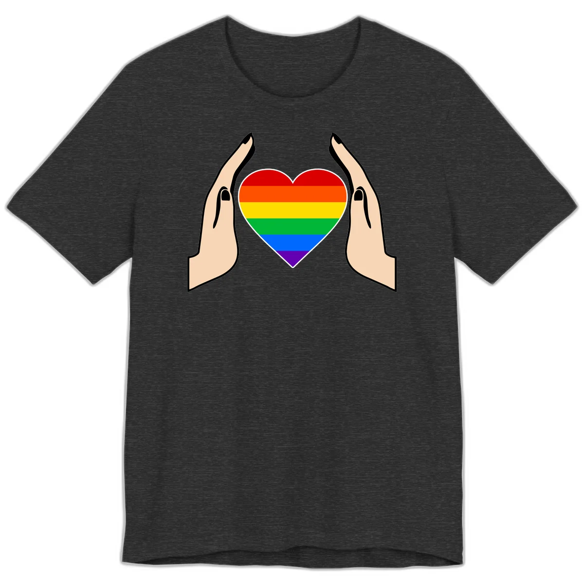 Two hands protectively frame a rainbow-striped heart symbol representing LGBTQ+ pride and community support in Dark Grey Heather