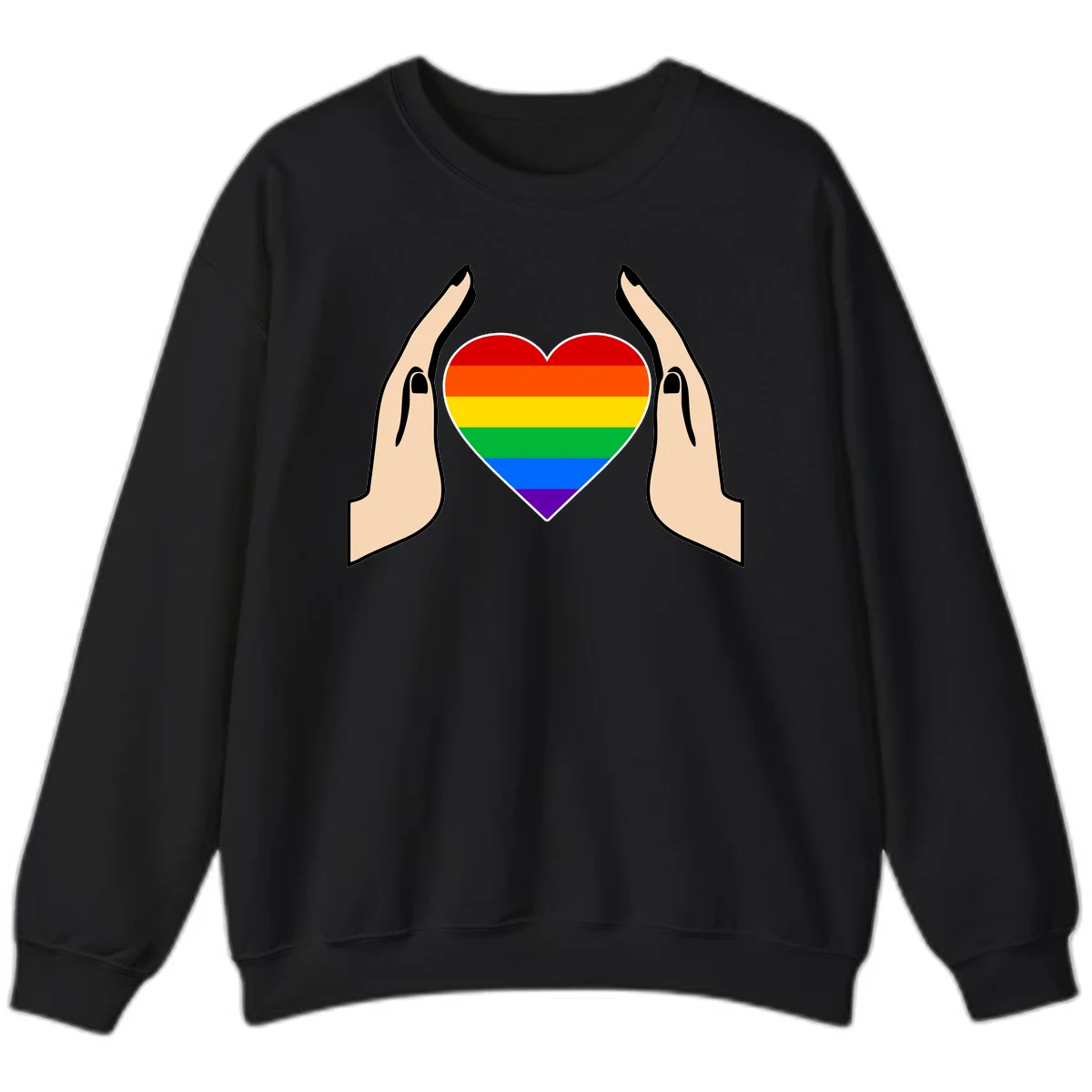 Two hands protectively frame a rainbow-striped heart symbol representing LGBTQ+ pride and community support in Black