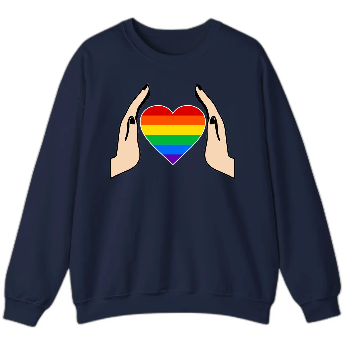 Two hands protectively frame a rainbow-striped heart symbol representing LGBTQ+ pride and community support in Navy