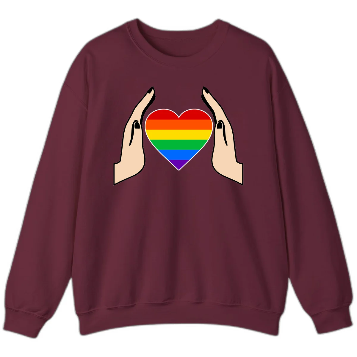 Two hands protectively frame a rainbow-striped heart symbol representing LGBTQ+ pride and community support in Maroon