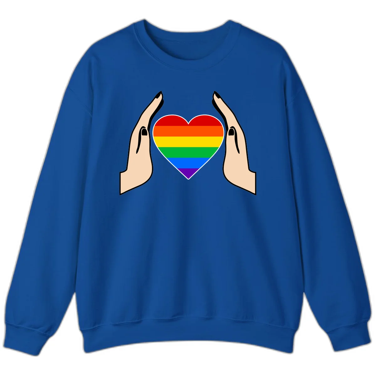 Two hands protectively frame a rainbow-striped heart symbol representing LGBTQ+ pride and community support in Royal