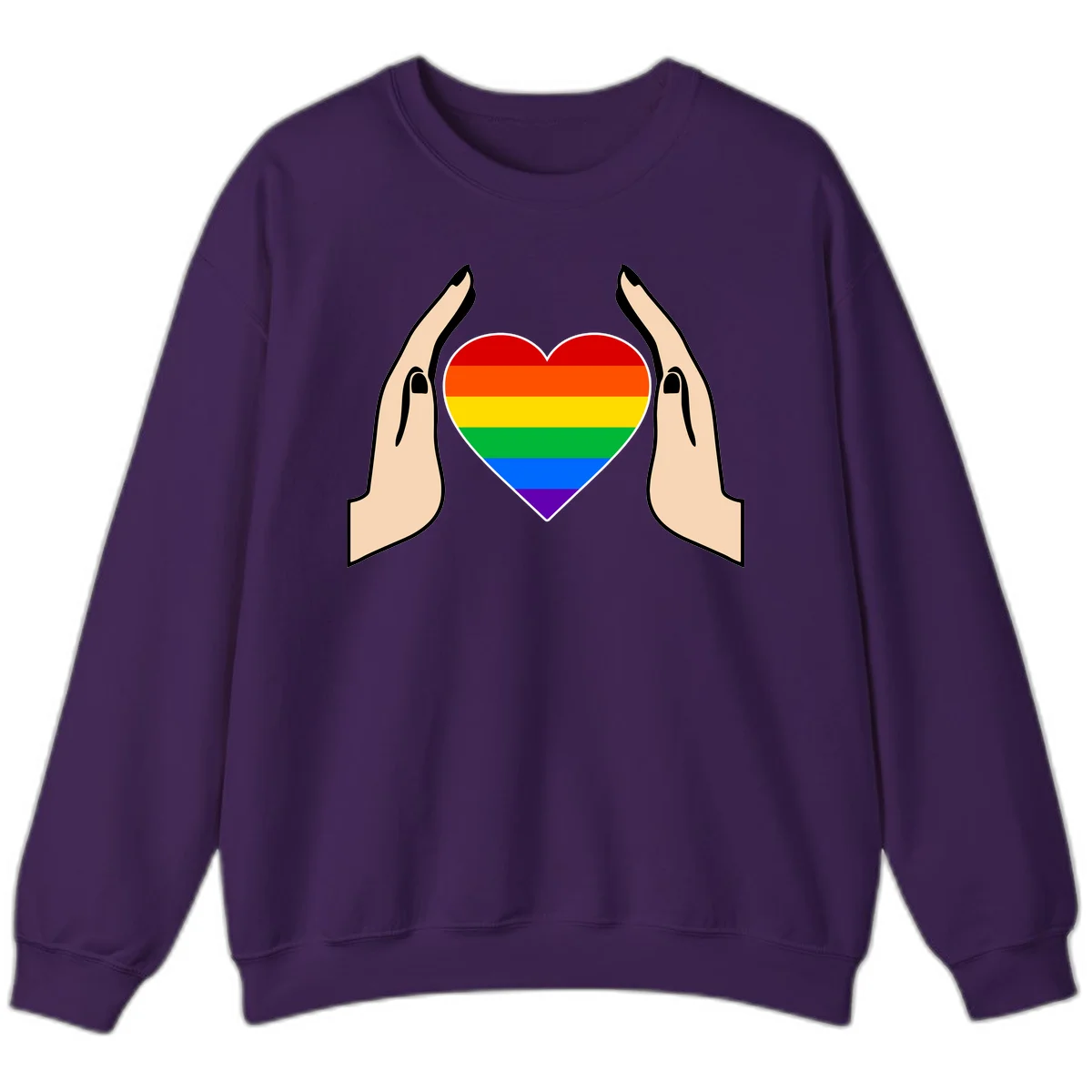 Two hands protectively frame a rainbow-striped heart symbol representing LGBTQ+ pride and community support in Purple