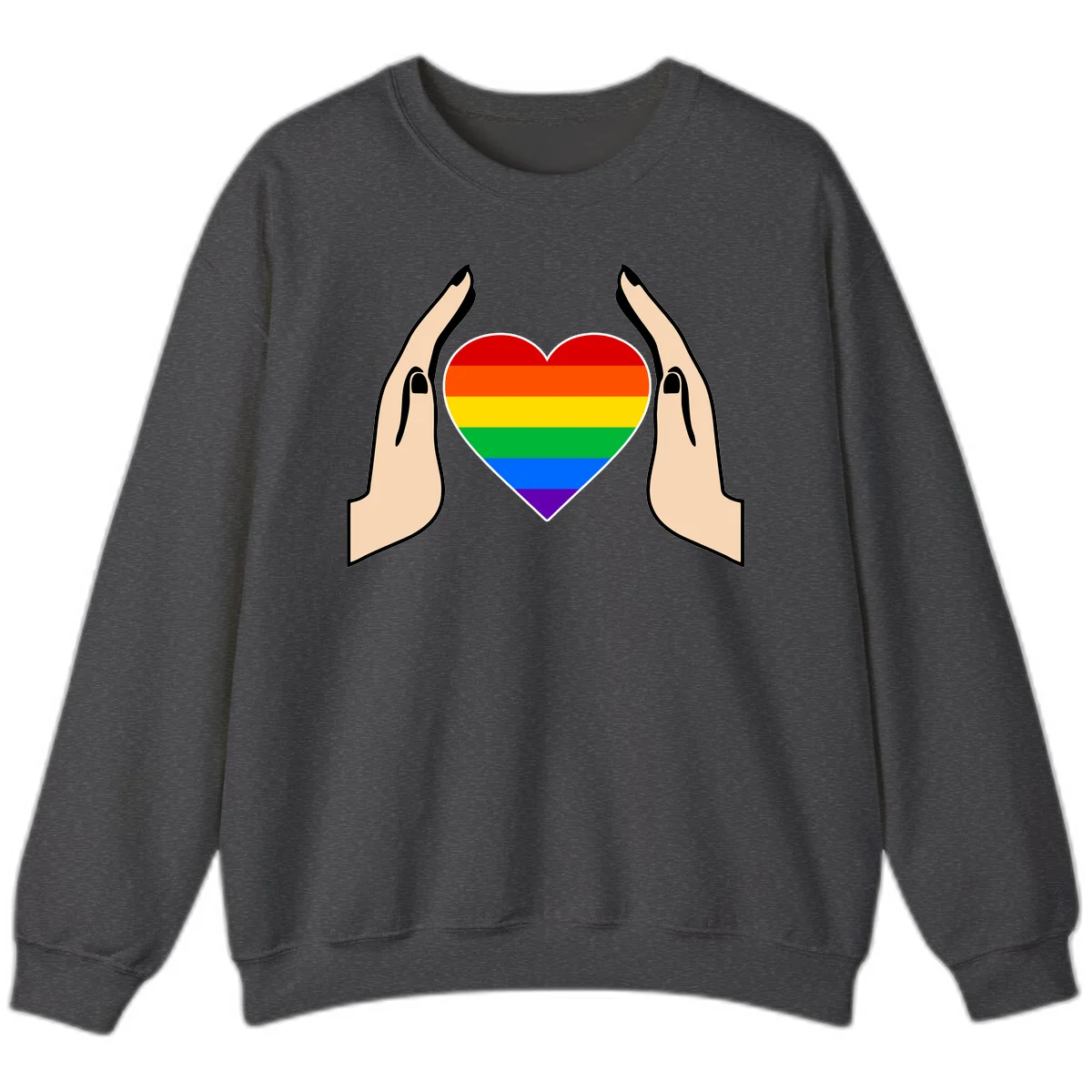 Two hands protectively frame a rainbow-striped heart symbol representing LGBTQ+ pride and community support in Dark Heather