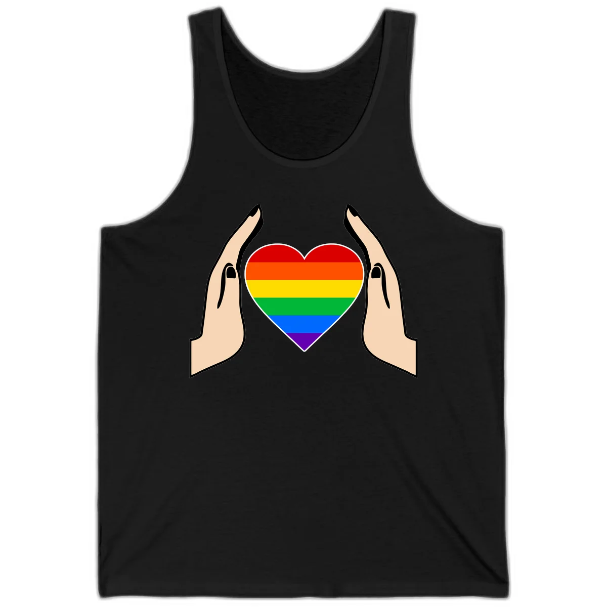 Two hands protectively frame a rainbow-striped heart symbol representing LGBTQ+ pride and community support in Black