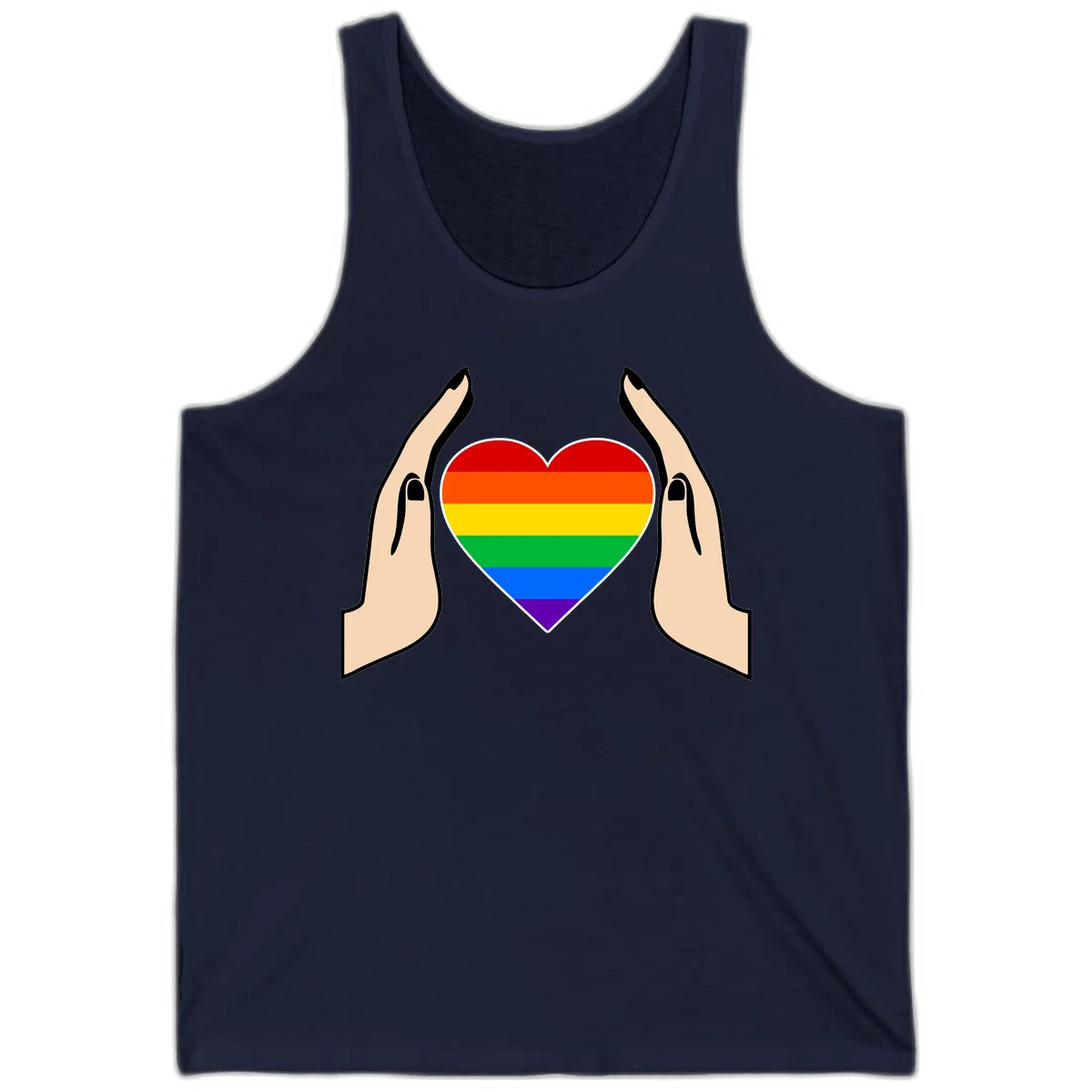Two hands protectively frame a rainbow-striped heart symbol representing LGBTQ+ pride and community support in Navy