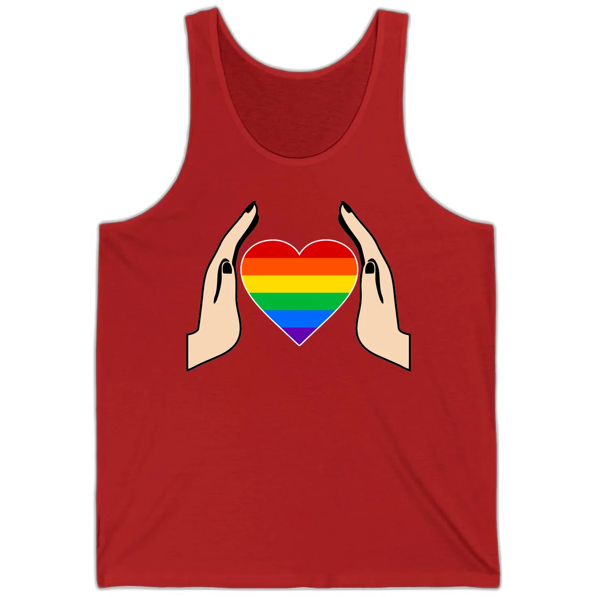 Two hands protectively frame a rainbow-striped heart symbol representing LGBTQ+ pride and community support in Red