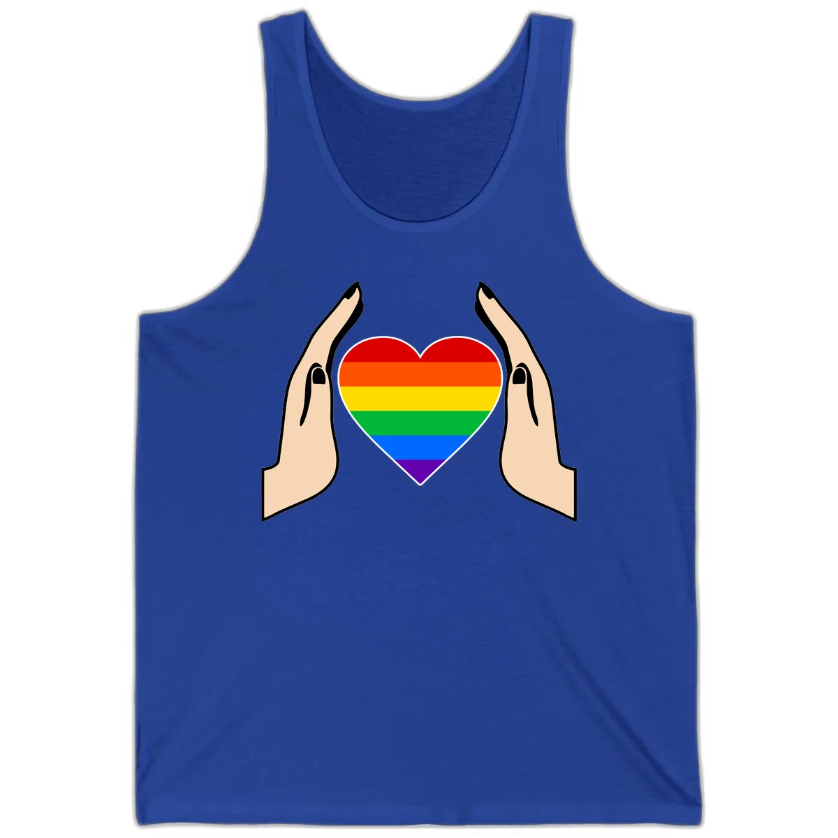 Two hands protectively frame a rainbow-striped heart symbol representing LGBTQ+ pride and community support in True Royal