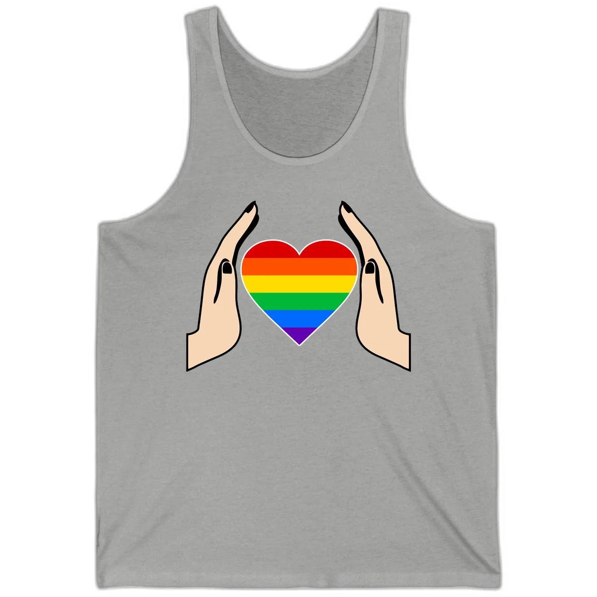Two hands protectively frame a rainbow-striped heart symbol representing LGBTQ+ pride and community support in Athletic Heather