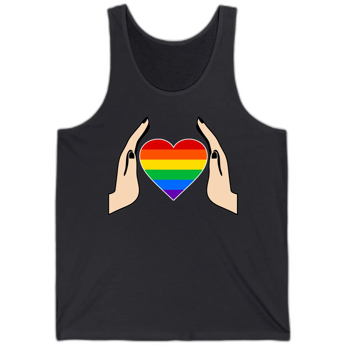 Two hands protectively frame a rainbow-striped heart symbol representing LGBTQ+ pride and community support in Dark Grey
