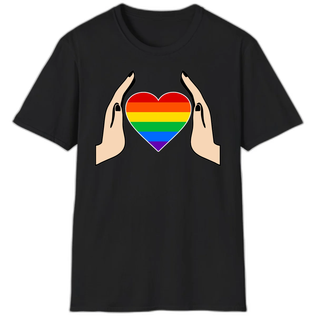 Two hands protectively frame a rainbow-striped heart symbol representing LGBTQ+ pride and community support in Black