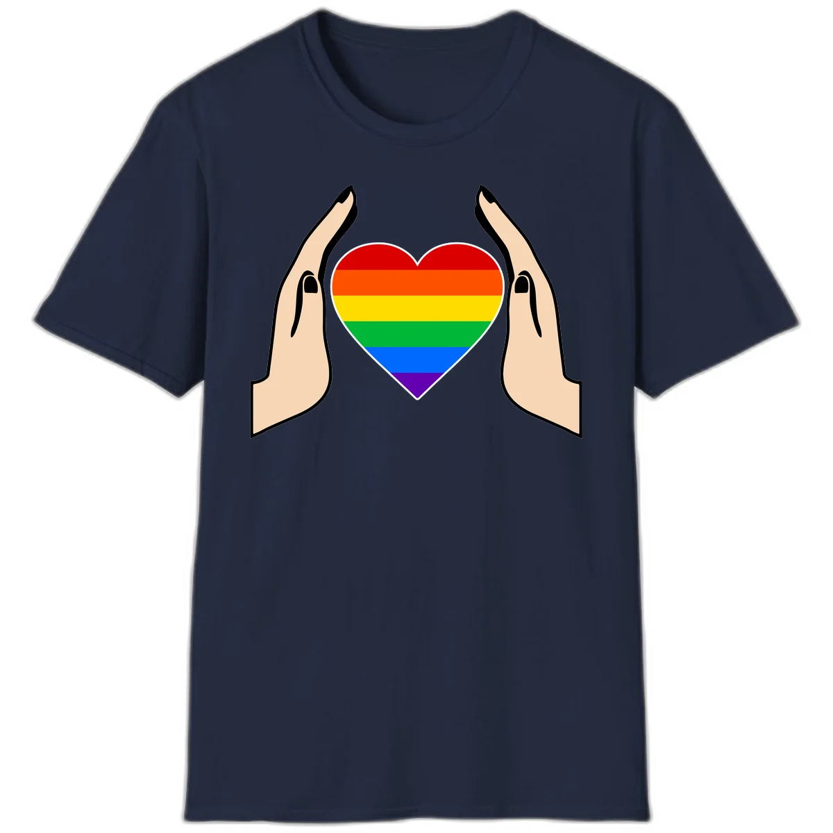 Two hands protectively frame a rainbow-striped heart symbol representing LGBTQ+ pride and community support in Navy
