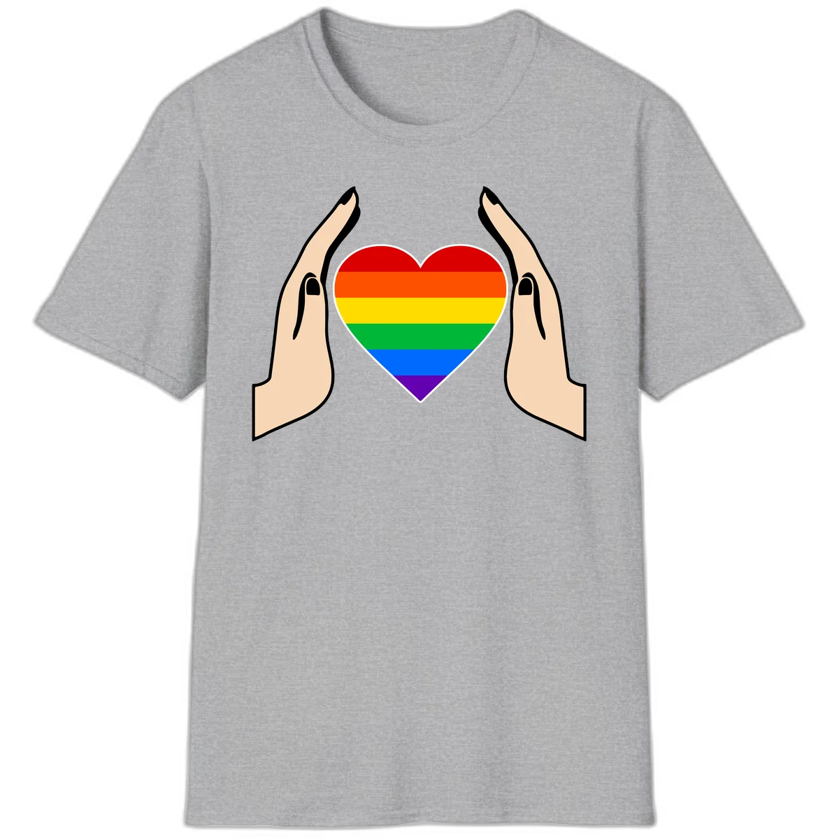 Two hands protectively frame a rainbow-striped heart symbol representing LGBTQ+ pride and community support in Sport Grey