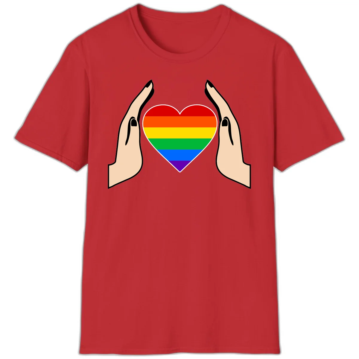 Two hands protectively frame a rainbow-striped heart symbol representing LGBTQ+ pride and community support in Red