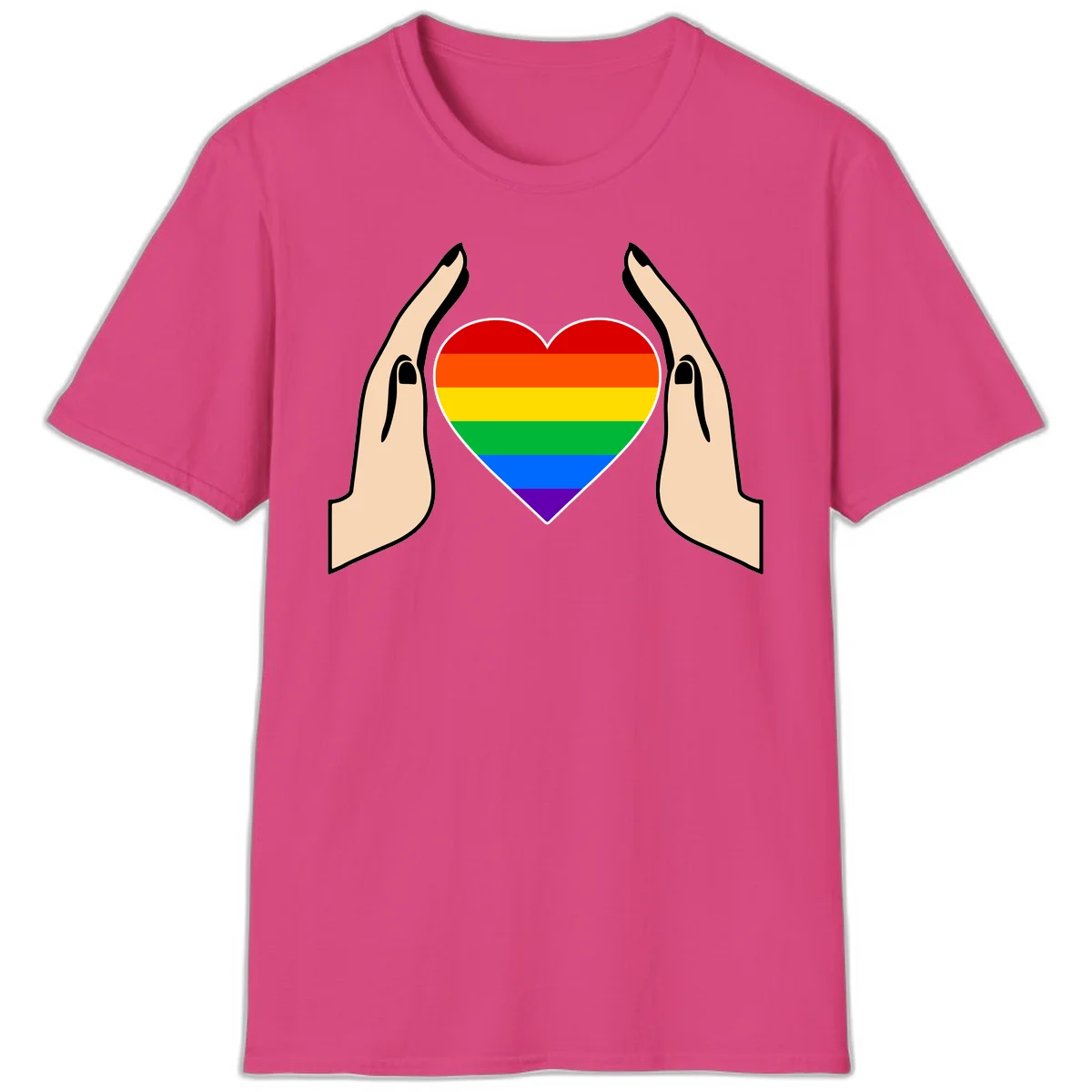 Two hands protectively frame a rainbow-striped heart symbol representing LGBTQ+ pride and community support in Heliconia