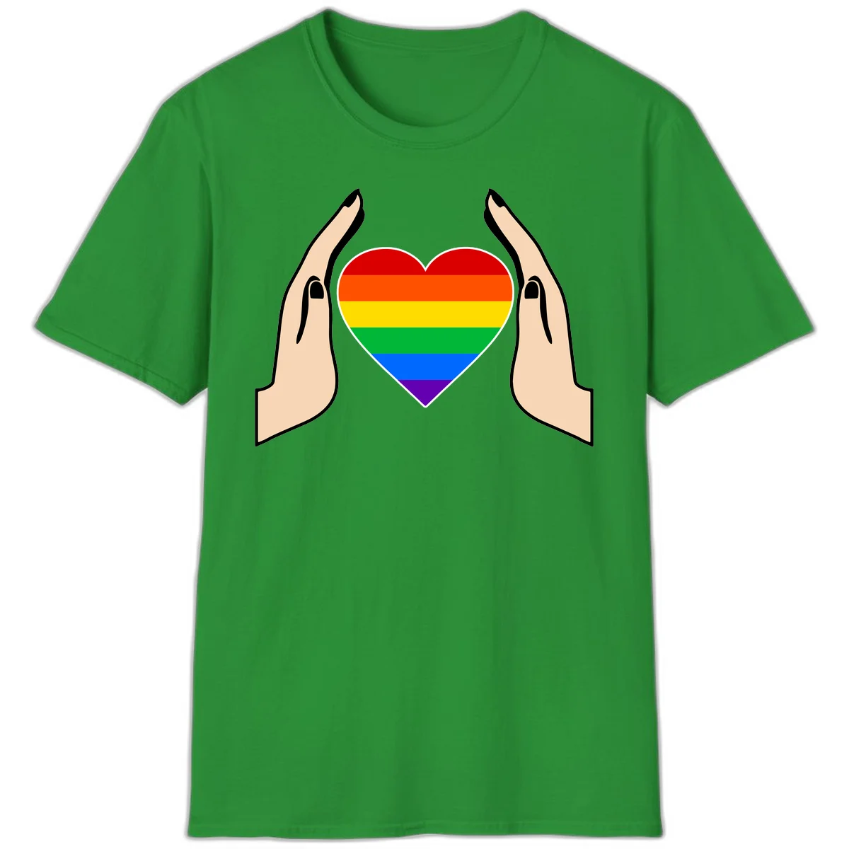 Two hands protectively frame a rainbow-striped heart symbol representing LGBTQ+ pride and community support in Irish Green