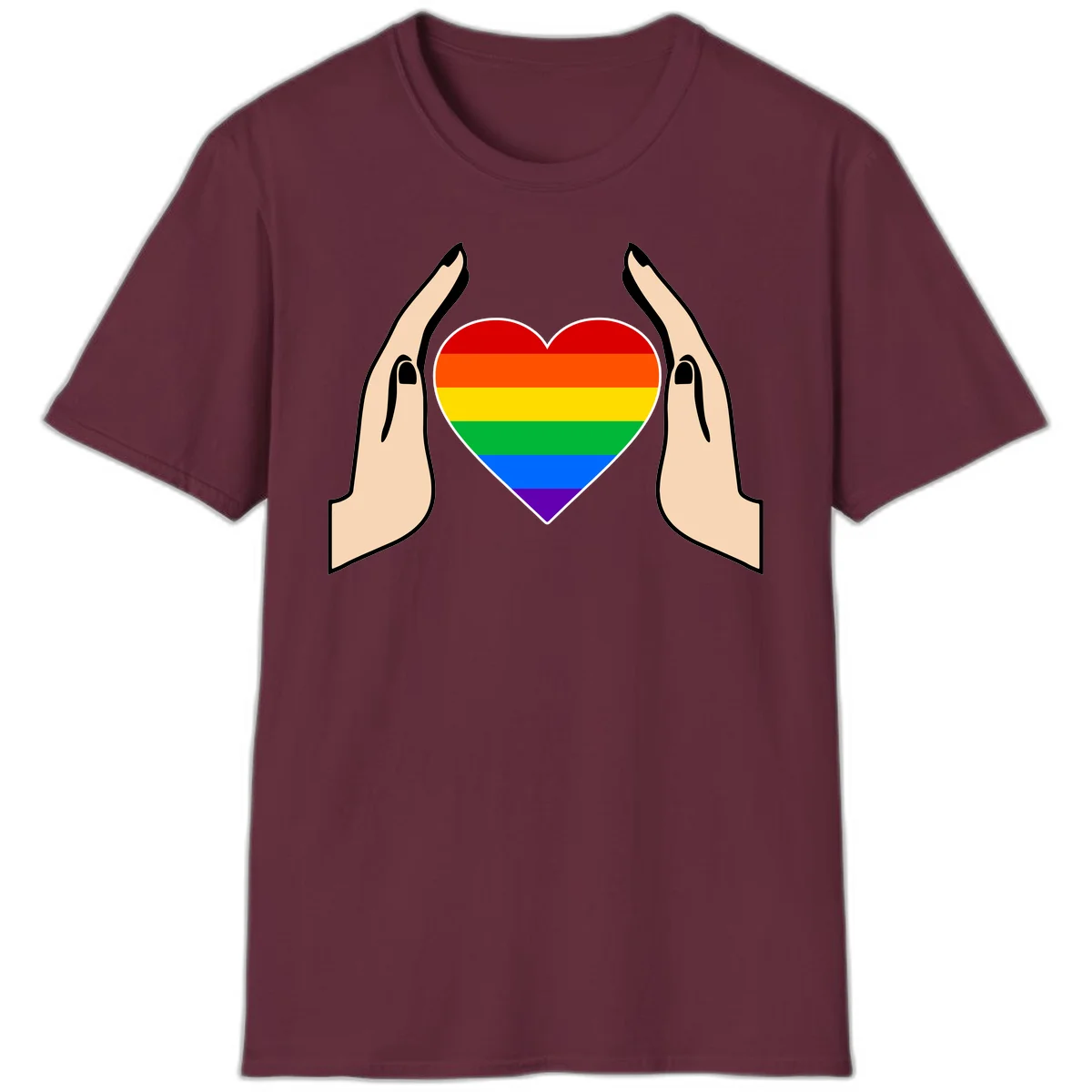 Two hands protectively frame a rainbow-striped heart symbol representing LGBTQ+ pride and community support in Maroon