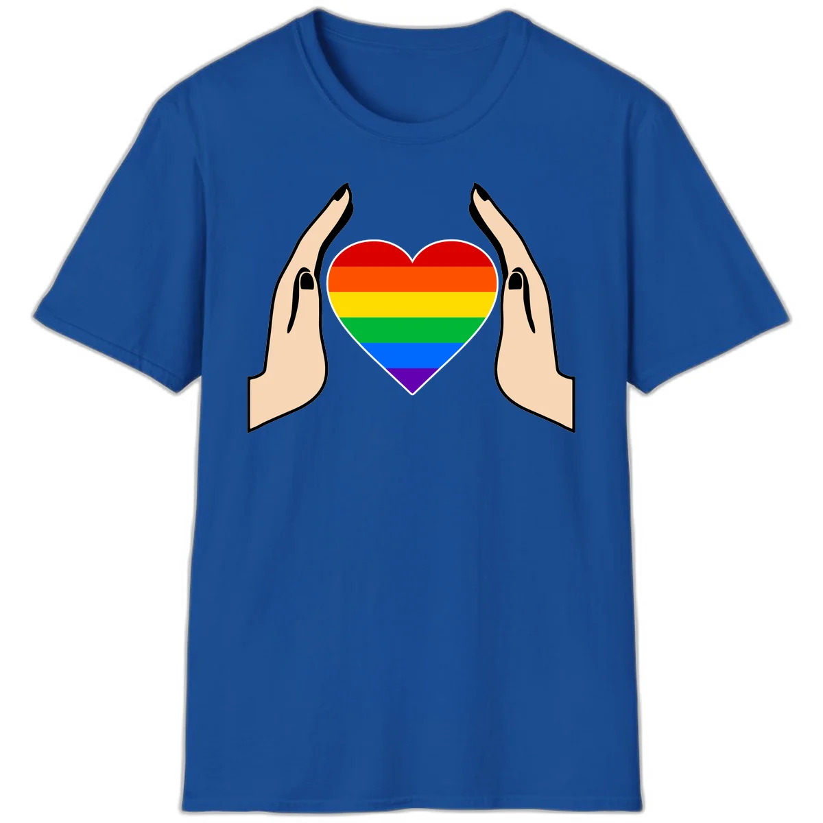 Two hands protectively frame a rainbow-striped heart symbol representing LGBTQ+ pride and community support in Royal