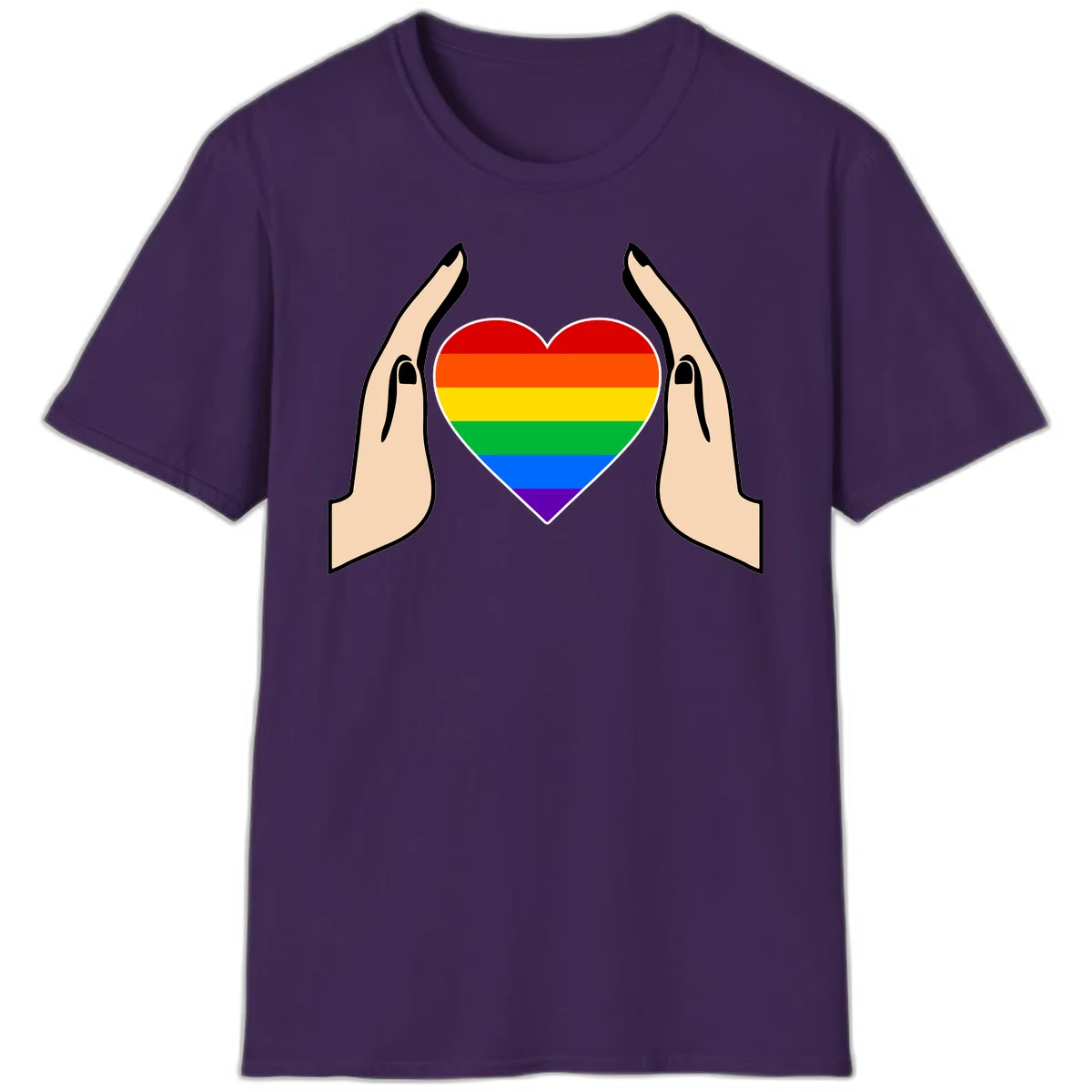 Two hands protectively frame a rainbow-striped heart symbol representing LGBTQ+ pride and community support in Purple