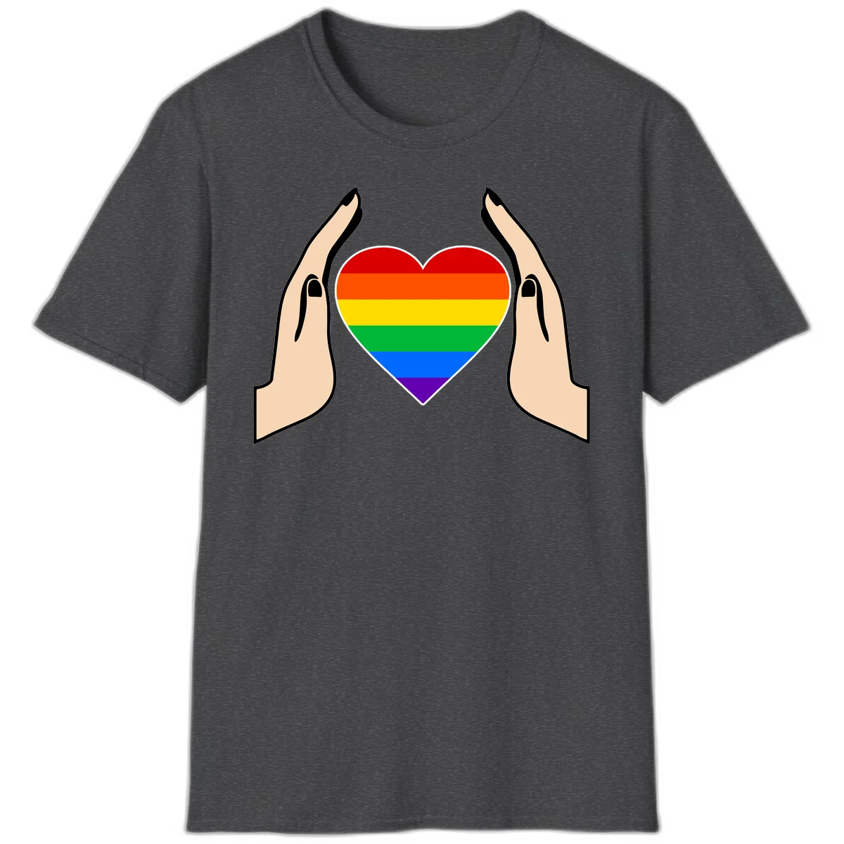 Two hands protectively frame a rainbow-striped heart symbol representing LGBTQ+ pride and community support in Dark Heather