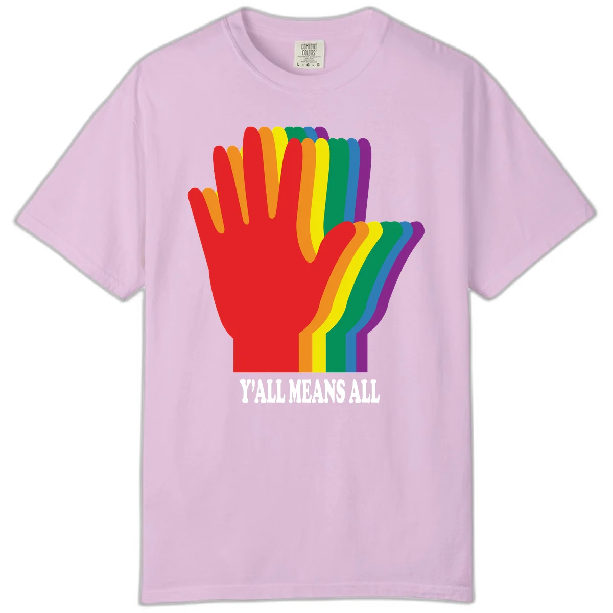 Rainbow-striped raised hand silhouette with 'Y'All Means All' text promoting inclusivity and pride in Orchid
