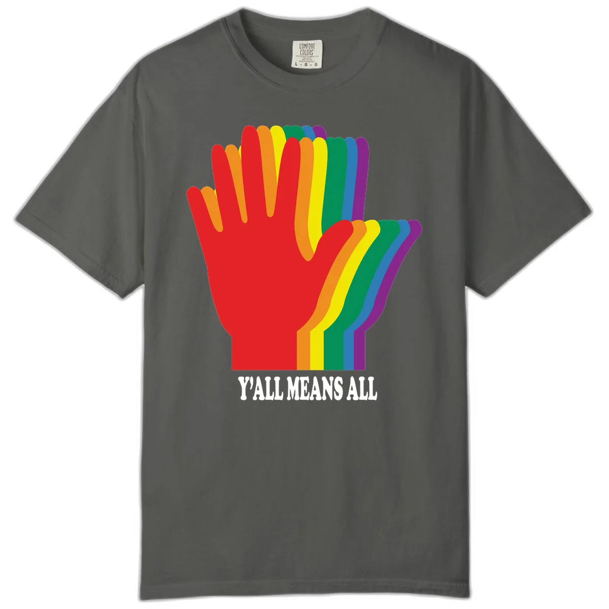 Rainbow-striped raised hand silhouette with 'Y'All Means All' text promoting inclusivity and pride in Pepper