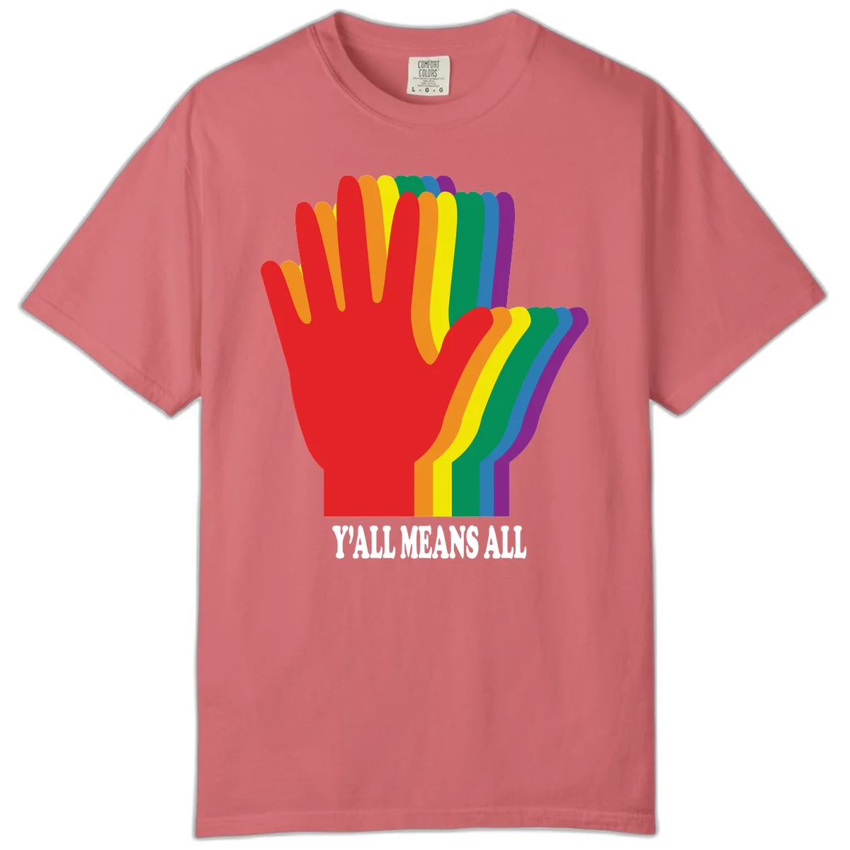 Rainbow-striped raised hand silhouette with 'Y'All Means All' text promoting inclusivity and pride in Watermelon