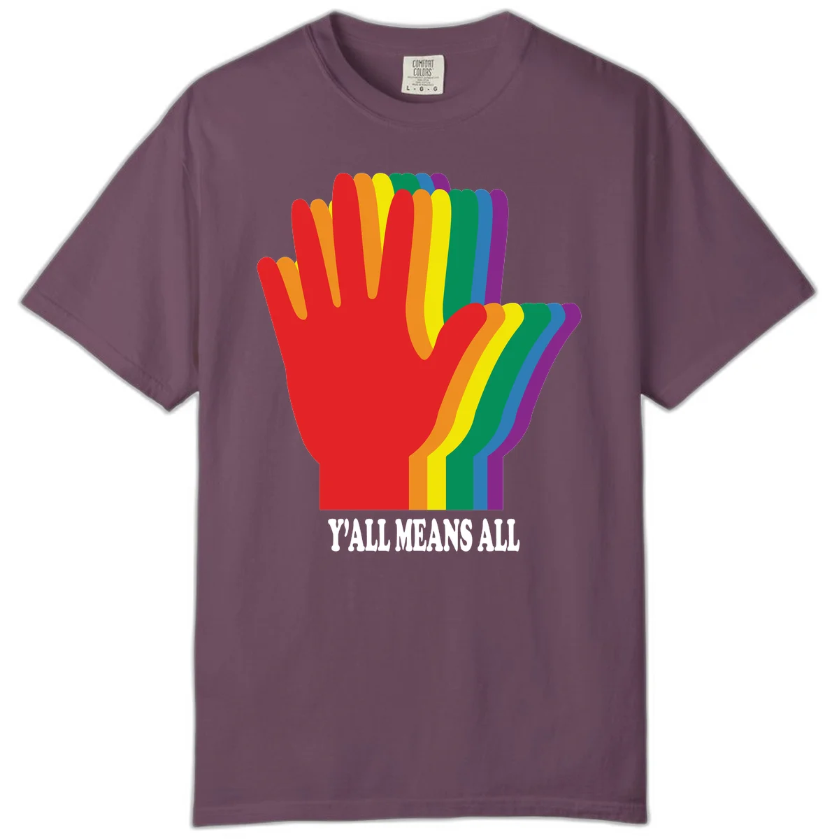 Rainbow-striped raised hand silhouette with 'Y'All Means All' text promoting inclusivity and pride in Berry