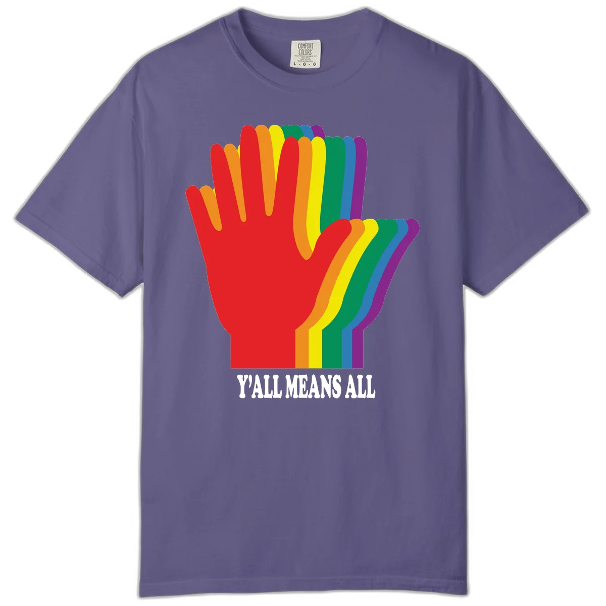 Rainbow-striped raised hand silhouette with 'Y'All Means All' text promoting inclusivity and pride in Grape