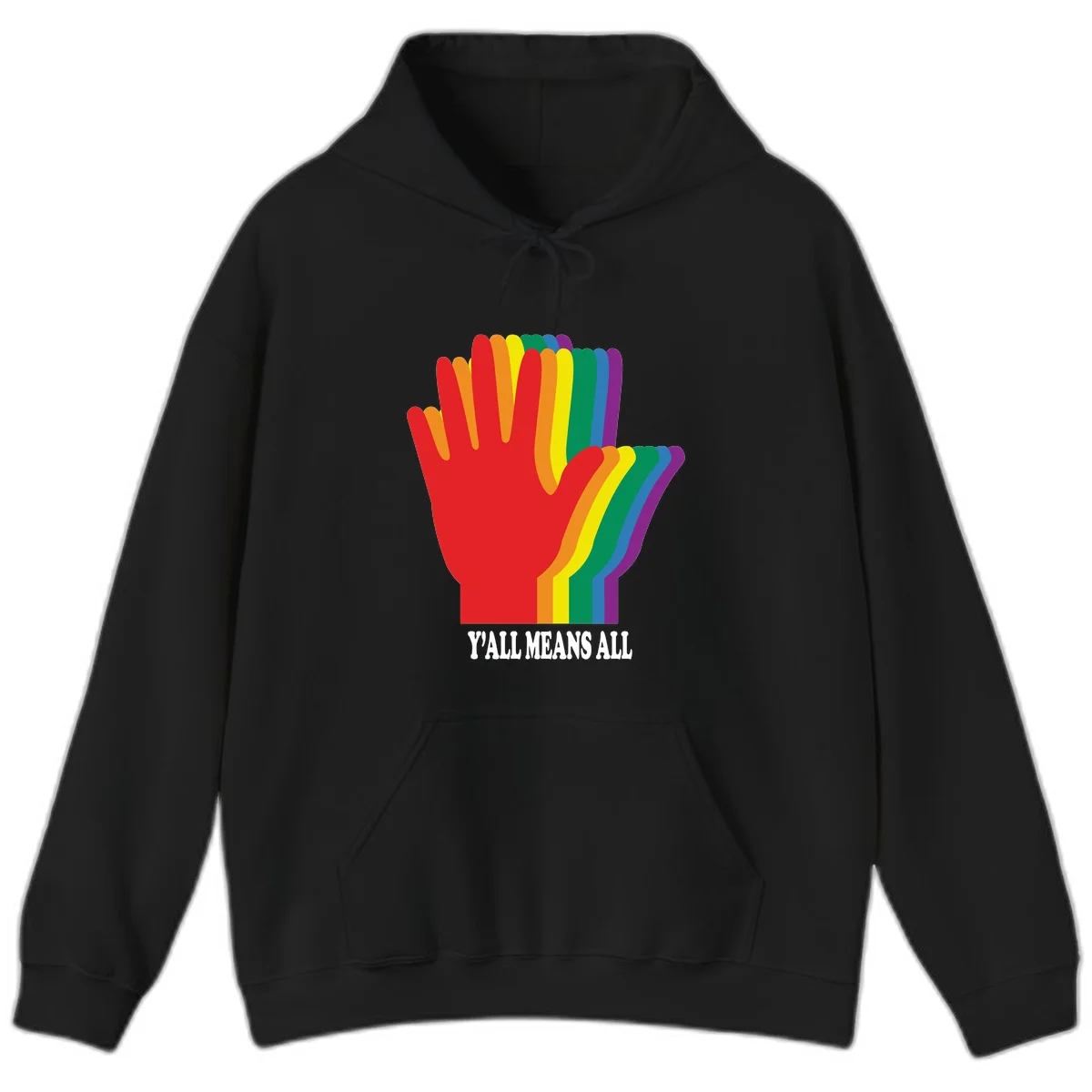 Rainbow-striped raised hand silhouette with 'Y'All Means All' text promoting inclusivity and pride in Black
