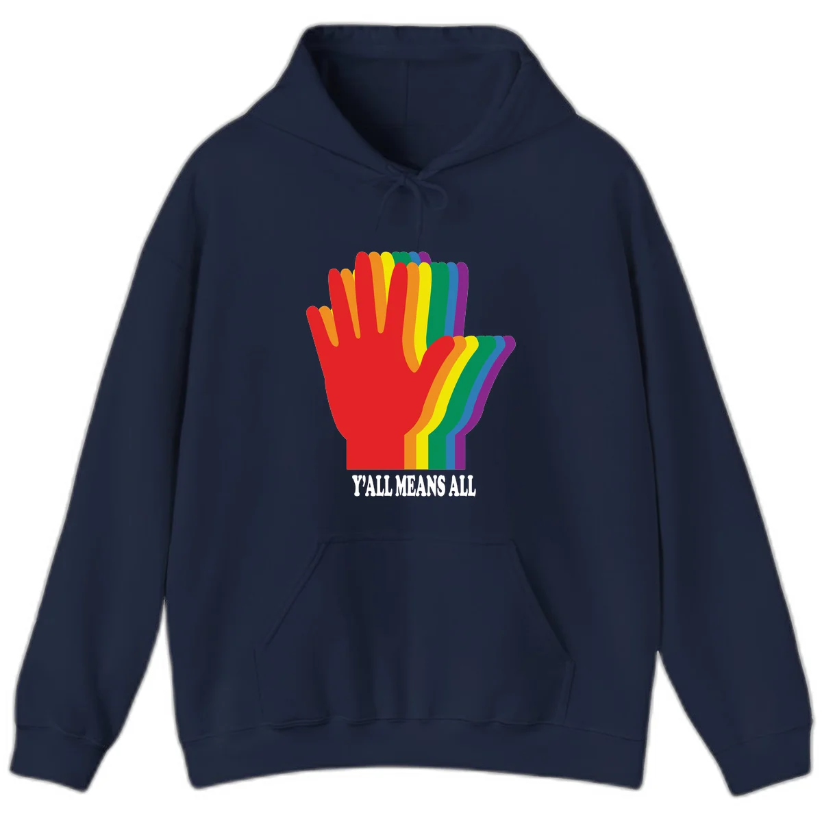 Rainbow-striped raised hand silhouette with 'Y'All Means All' text promoting inclusivity and pride in Navy