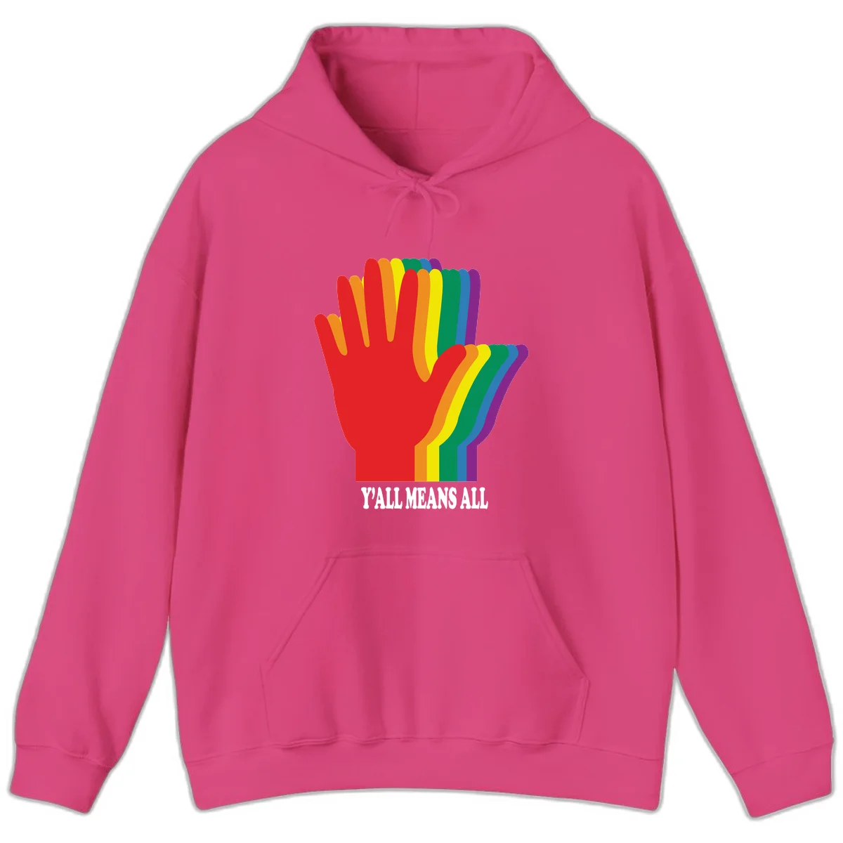 Rainbow-striped raised hand silhouette with 'Y'All Means All' text promoting inclusivity and pride in Heliconia