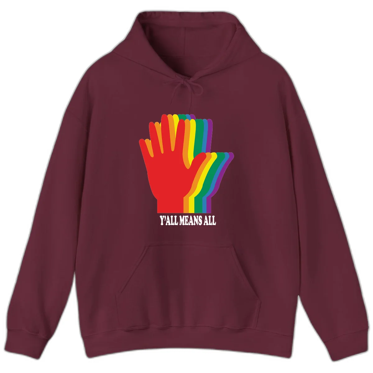 Rainbow-striped raised hand silhouette with 'Y'All Means All' text promoting inclusivity and pride in Maroon
