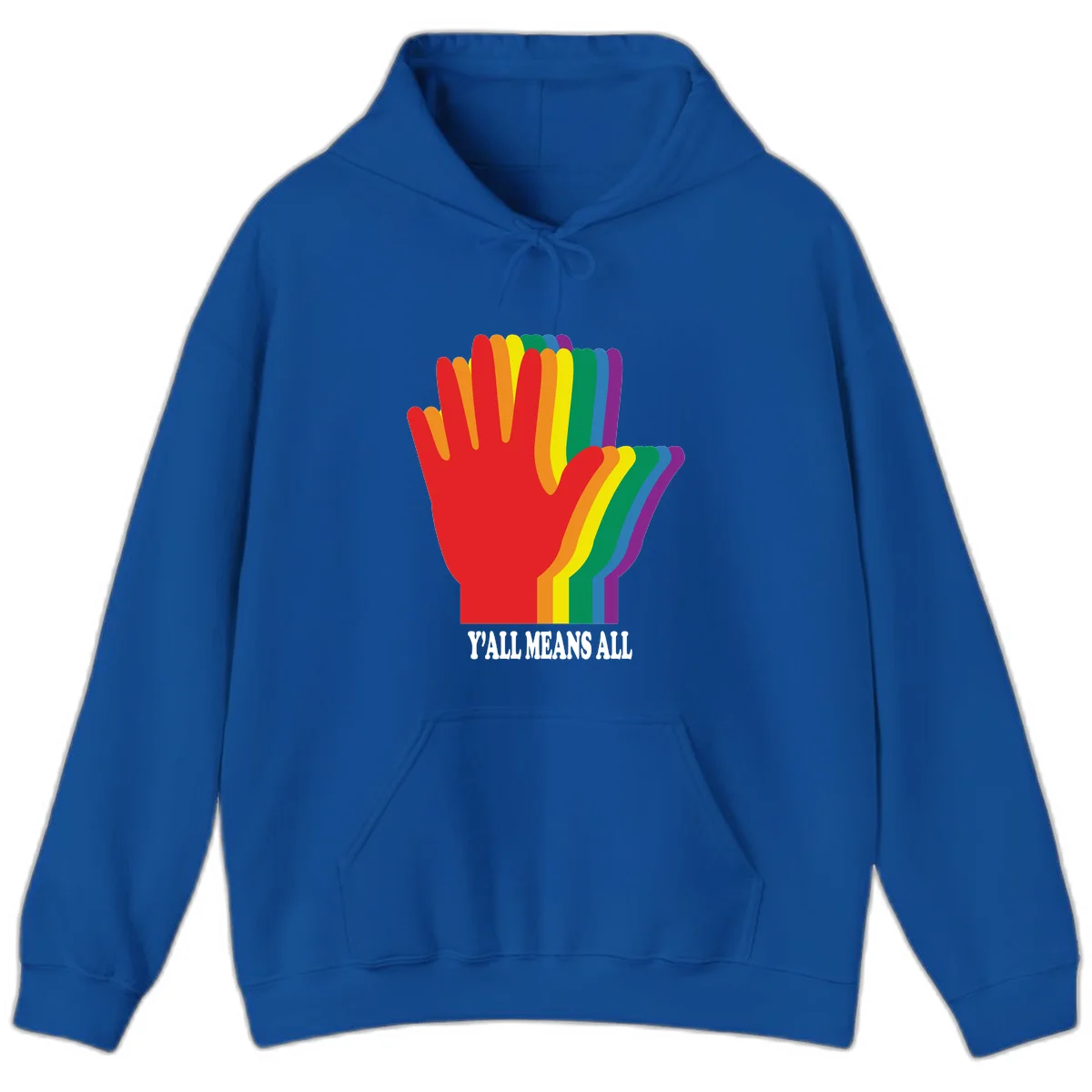 Rainbow-striped raised hand silhouette with 'Y'All Means All' text promoting inclusivity and pride in Royal