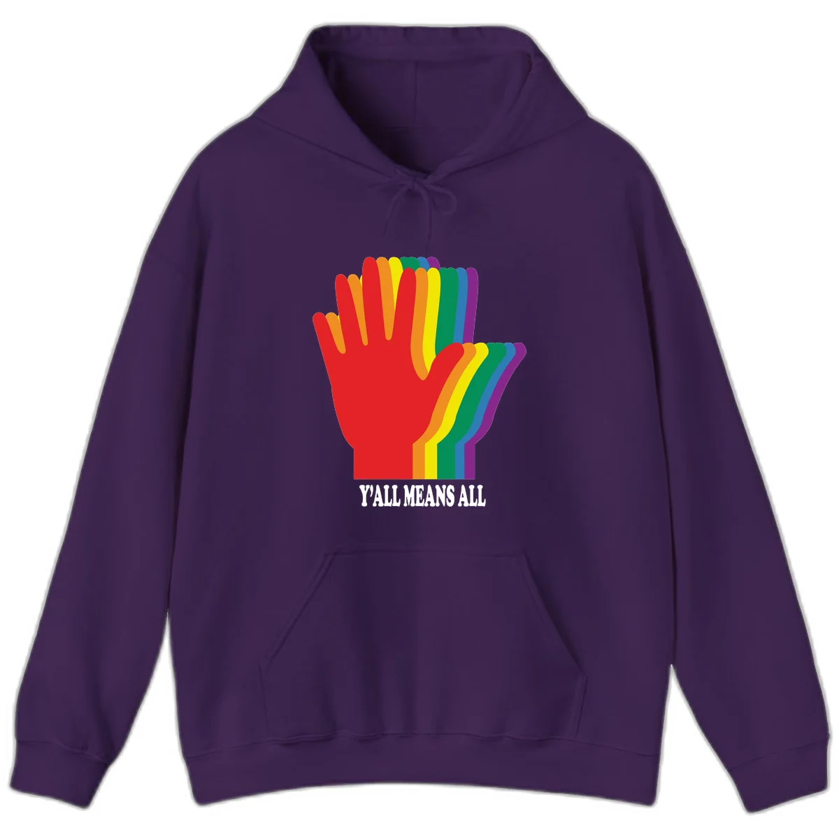 Rainbow-striped raised hand silhouette with 'Y'All Means All' text promoting inclusivity and pride in Purple