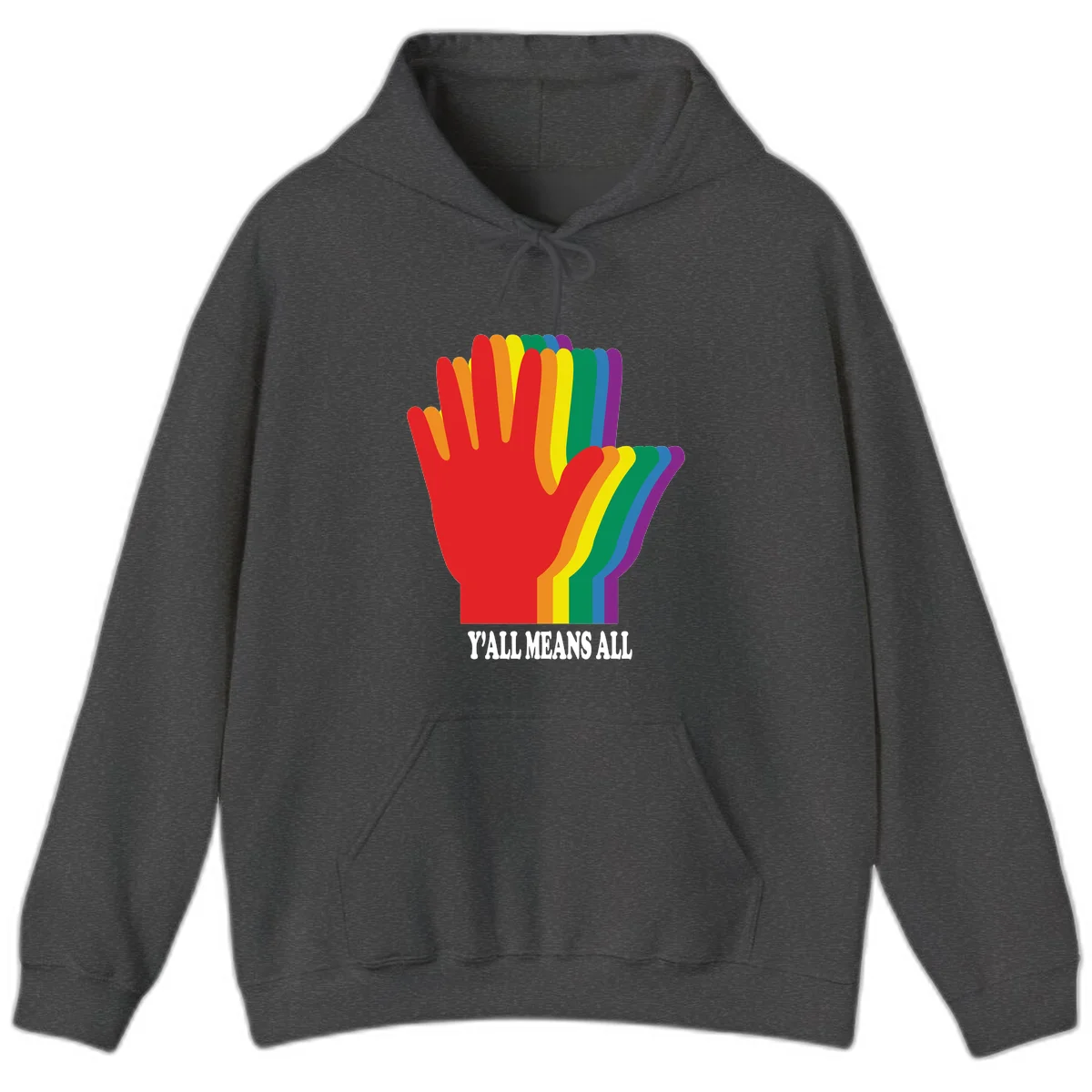 Rainbow-striped raised hand silhouette with 'Y'All Means All' text promoting inclusivity and pride in Dark Heather