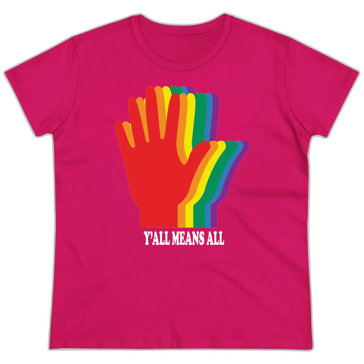 Rainbow-striped raised hand silhouette with 'Y'All Means All' text promoting inclusivity and pride in Heliconia