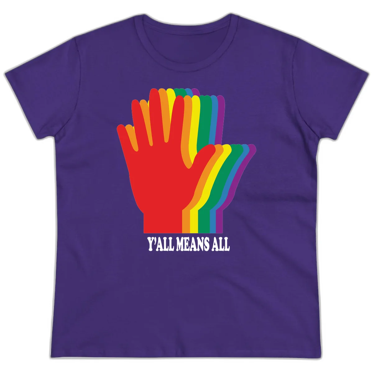 Rainbow-striped raised hand silhouette with 'Y'All Means All' text promoting inclusivity and pride in Purple